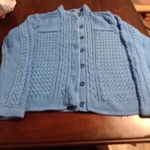 L.L. Bean Women's Cardigan Sweater L Button Cotton Blue Cable Knit Cottage Boho